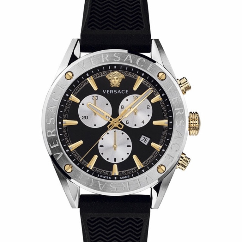Versace V-Chrono Black Silicone Strap Watch 44mm